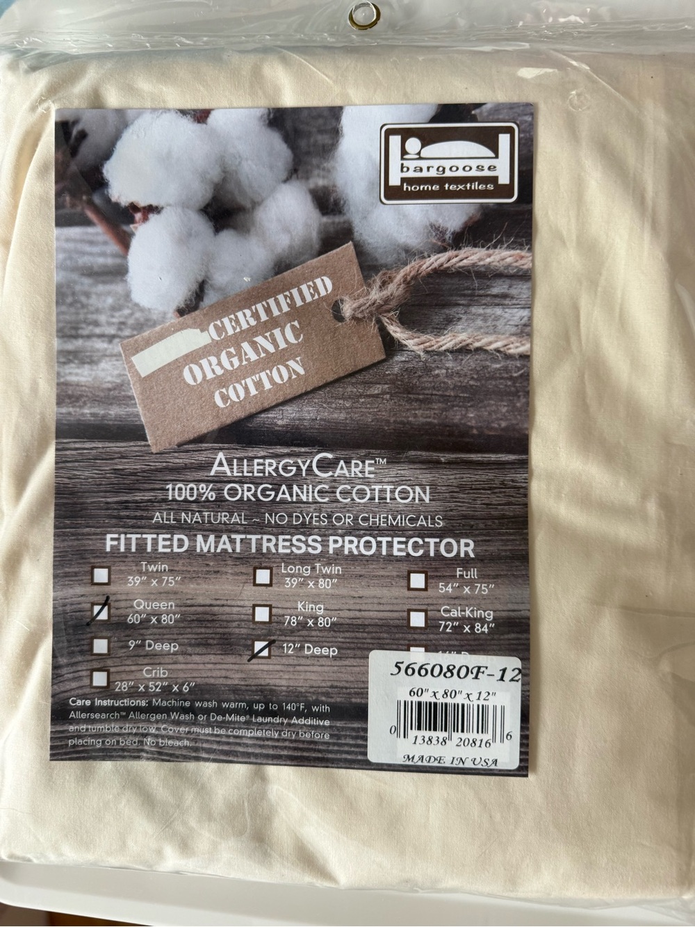 ALLERGY CARE 100% ORGANIC COTTON QUEEN FITTED MATTRESS PROTECTOR  QUEEN